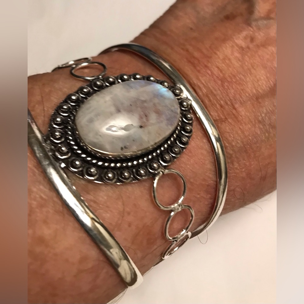 Moonstone Stamped 925 Sterling Silver Cuff Bracelet